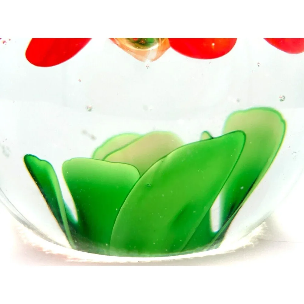 Art Glass Paperweight Handblown Orange Flower w/ Leaves Controlled Bubble Center